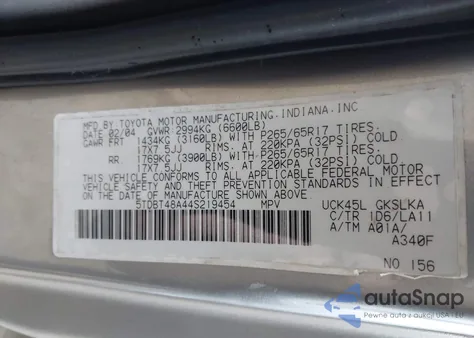 2004 Toyota Sequoia Limited V8 from USA, damaged, VIN 5TDBT48A44S219454